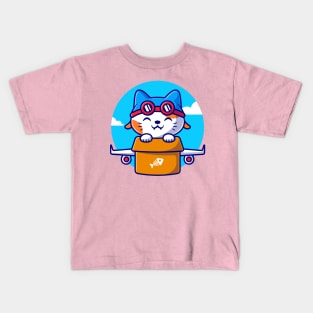 Cute Cat Flight With Cardboard Plane Cartoon Kids T-Shirt